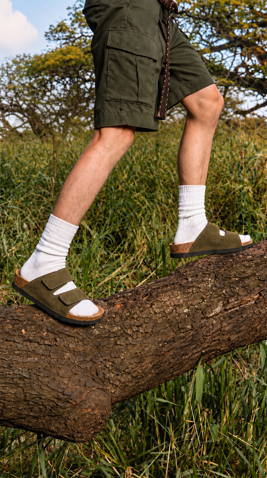 A person outdoors wearing olive green slide sandals with white socks, standing on a large fallen log in a grassy field.